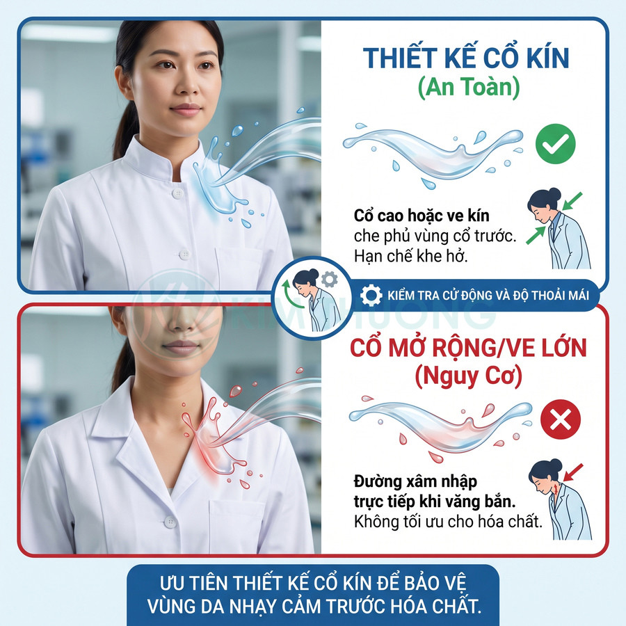 Áo blouse phòng thí nghiệm cổ kín giúp bảo vệ vùng cổ khỏi hóa chất bắn vào, so sánh với áo cổ mở rộng có nguy cơ phơi nhiễm cao hơn