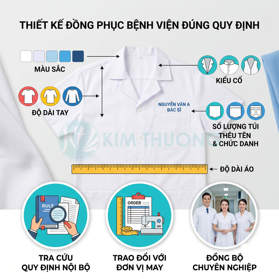 Áo blouse bác sĩ trắng thiết kế đúng quy định với nhiều lựa chọn màu sắc, kiểu cổ, độ dài tay và số lượng túi