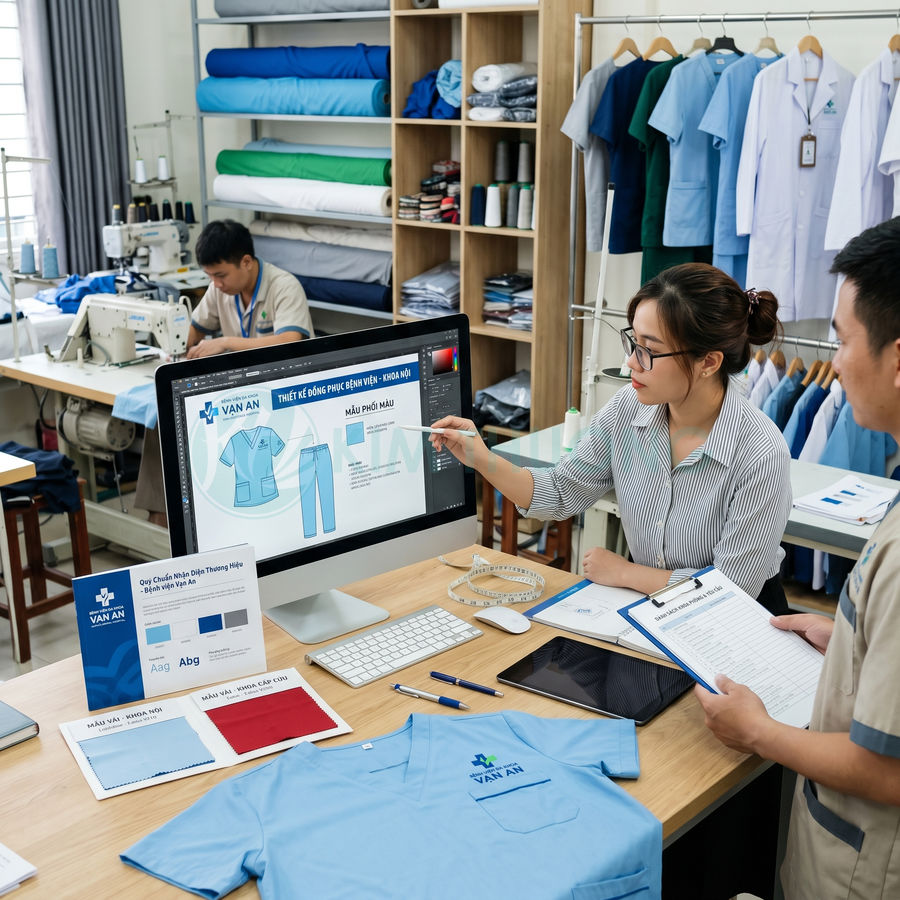 Thiết kế và may đo đồng phục bệnh viện Vạn An màu xanh tại xưởng may chuyên nghiệp
