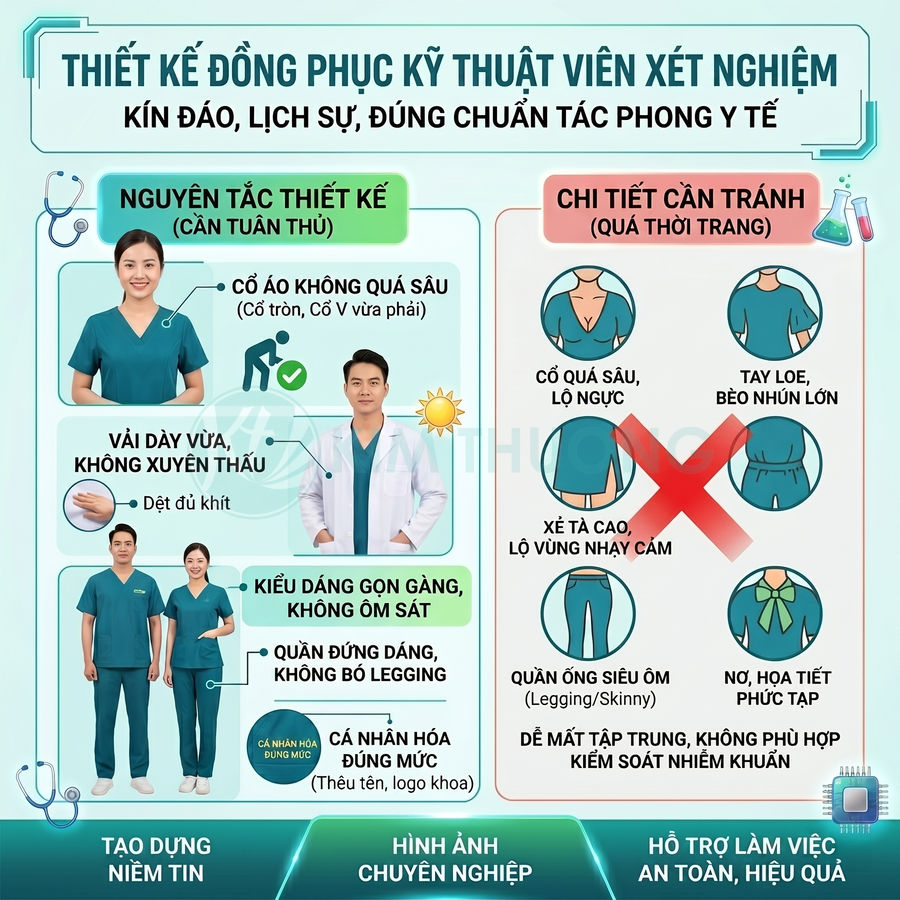 Mẫu đồng phục kỹ thuật viên xét nghiệm màu xanh kín đáo, vải dày, dáng suông lịch sự, phù hợp môi trường y tế