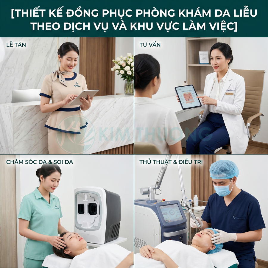 Đồng phục nhân viên phòng khám da liễu Kim Thư cho lễ tân, tư vấn, chăm sóc da và điều trị laser