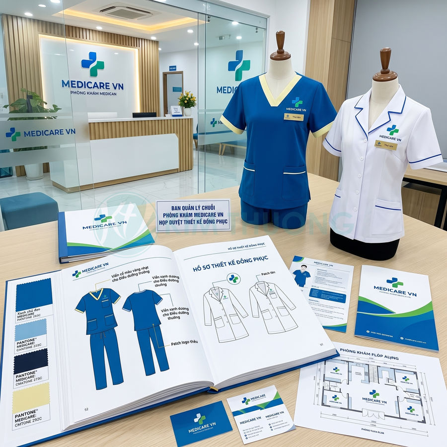 Mẫu thiết kế đồng phục y tế Medicare VN với áo blouse trắng và áo scrub xanh trưng bày trong phòng khám hiện đại