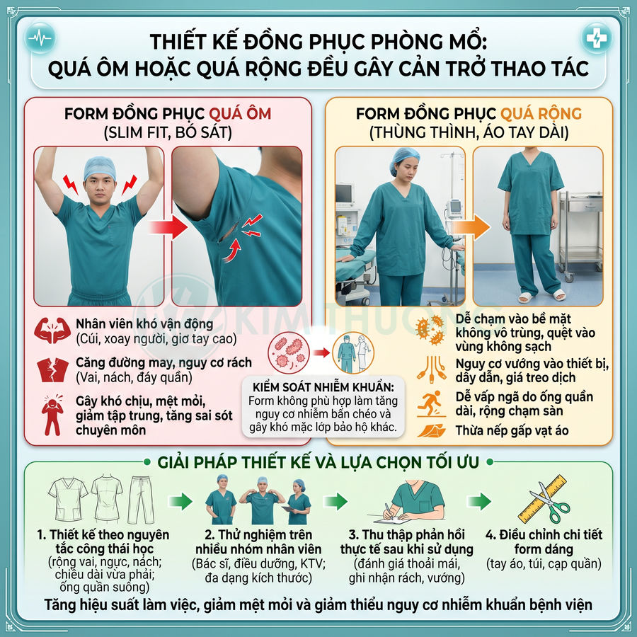Đồng phục phòng mổ màu xanh của nhân viên y tế với so sánh form quá ôm và quá rộng và hướng dẫn chọn form chuẩn