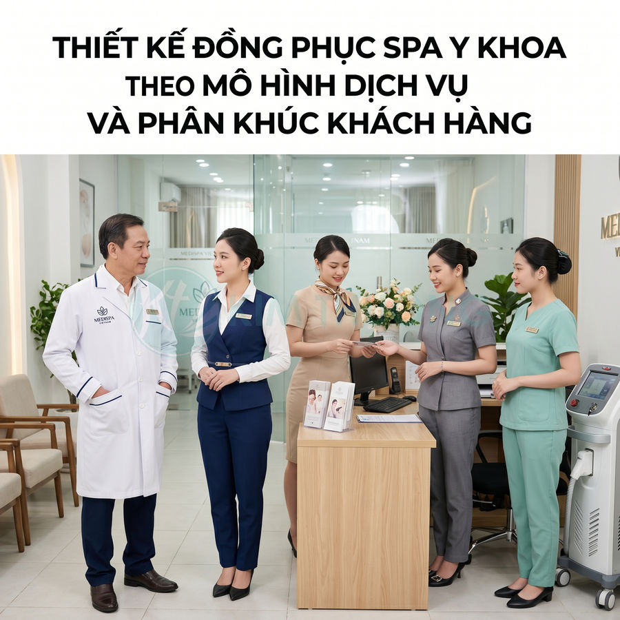 Đồng phục spa y khoa cao cấp cho bác sĩ và nhân viên lễ tân trong không gian phòng khám hiện đại