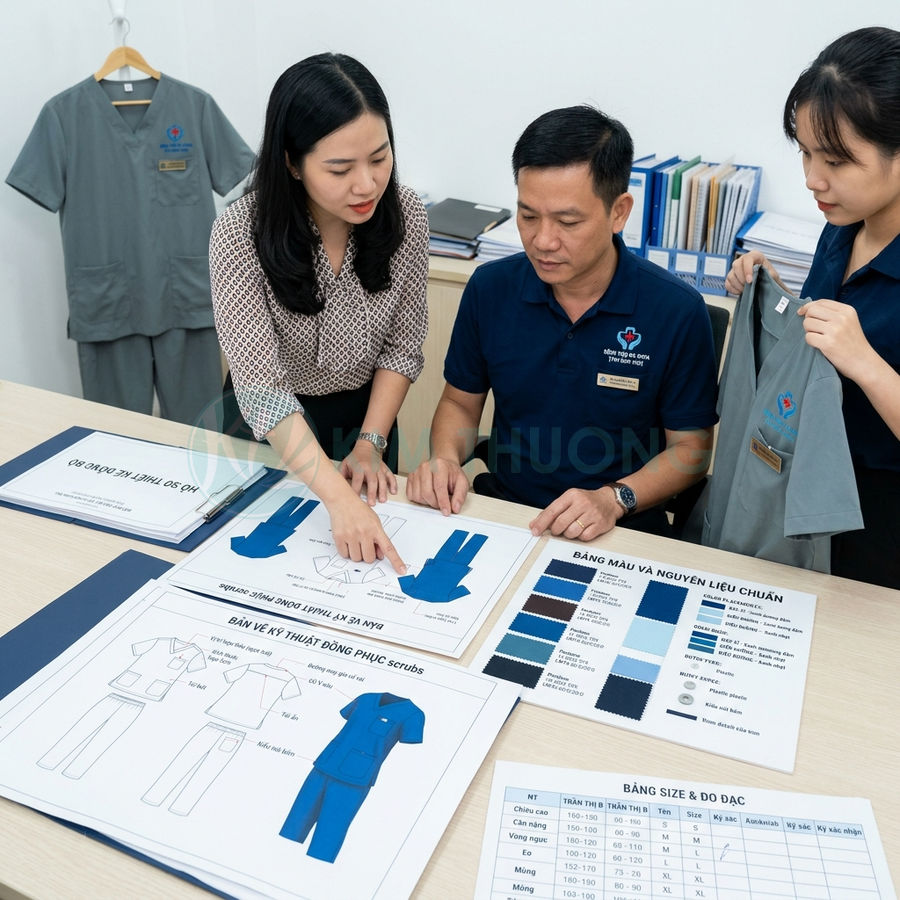 Nhân viên y tế trao đổi bản vẽ thiết kế và bảng màu đồng phục bệnh viện trên bàn làm việc