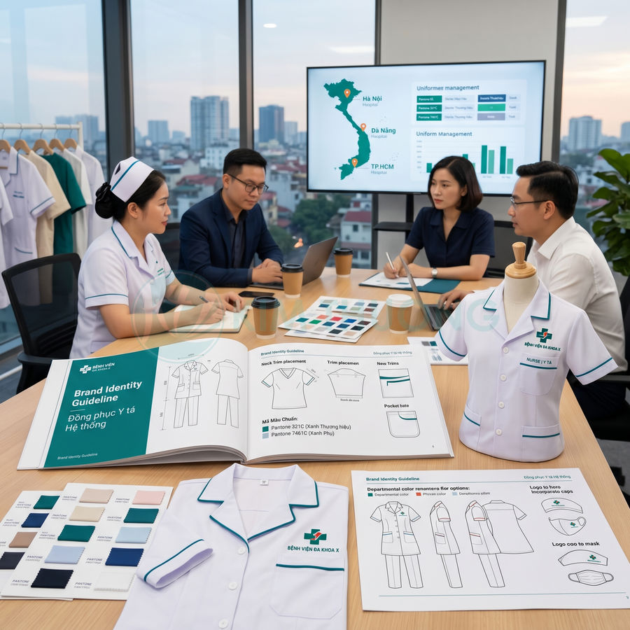 Nhóm nhân viên thiết kế bộ nhận diện và đồng phục y tá bệnh viện với mẫu áo blouse trắng trên bàn họp