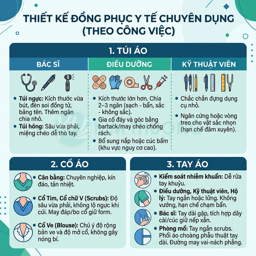 Thiết kế đồng phục y tế chuyên dụng theo công việc với hướng dẫn chi tiết về túi áo, cổ áo và tay áo