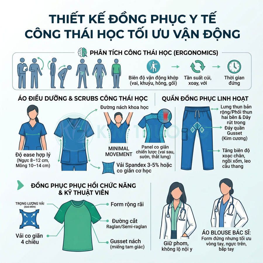 Đồng phục y tế công thái học gồm áo scrub, quần y tá, áo blouse bác sĩ tối ưu vận động