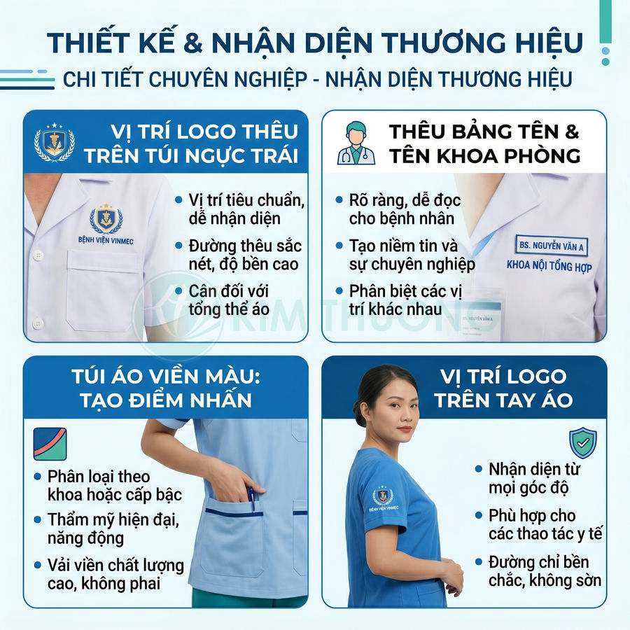 Đồng phục y tá bệnh viện Vinmec màu xanh và trắng với logo thêu trên ngực và tay áo, túi áo viền màu nổi bật