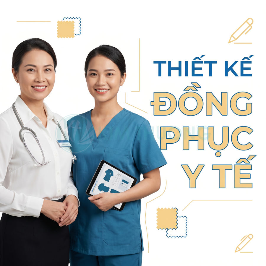 Hai nữ nhân viên y tế mặc đồng phục bệnh viện, một người cầm tablet hiển thị mẫu thiết kế đồng phục