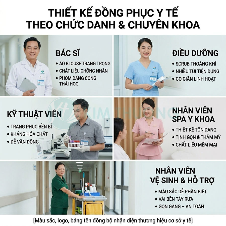 Mẫu thiết kế đồng phục y tế cho bác sĩ, điều dưỡng, kỹ thuật viên, spa y khoa và nhân viên vệ sinh hỗ trợ