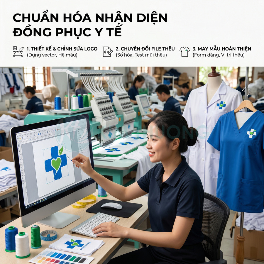 Thiết kế và thêu logo đồng phục y tế trên máy tính và máy thêu công nghiệp trong xưởng may