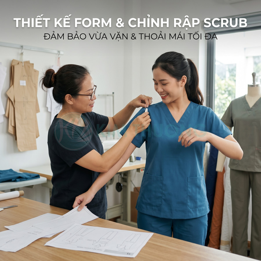 Thợ may chỉnh sửa bộ đồ scrub y tế màu xanh dương cho khách trong xưởng may