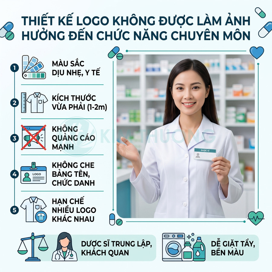 Dược sĩ mặc áo blouse trắng cầm bảng tên trong nhà thuốc với hướng dẫn thiết kế logo trên đồng phục