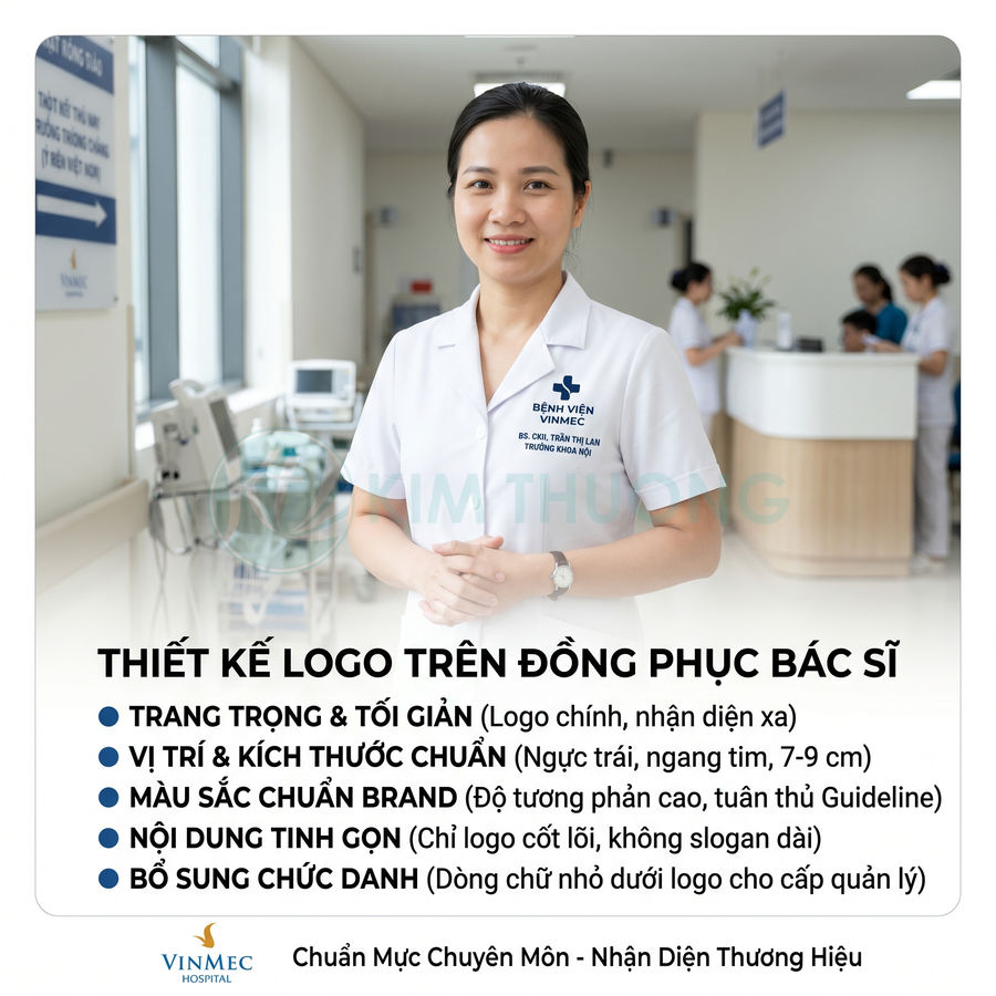 Đồng phục bác sĩ bệnh viện Vinmec với logo thương hiệu in ngực trái trong không gian phòng khám hiện đại