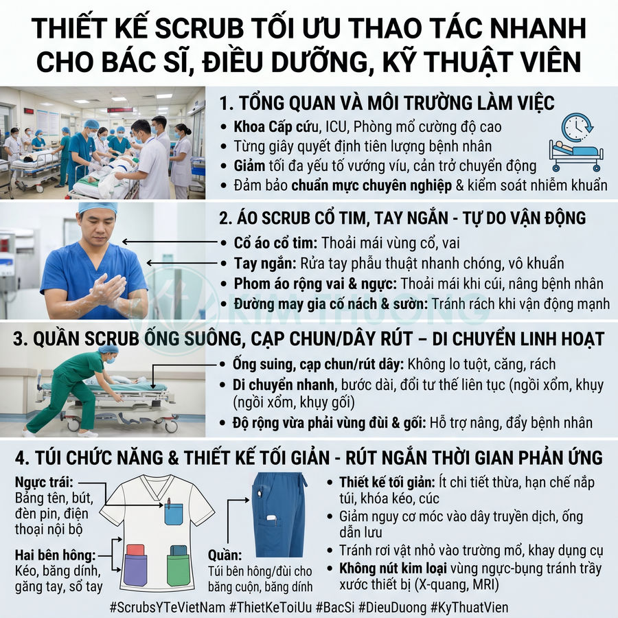 Thiết kế đồng phục scrub y tế màu xanh cho bác sĩ điều dưỡng với áo cổ tim tay ngắn và quần ống suông tiện dụng