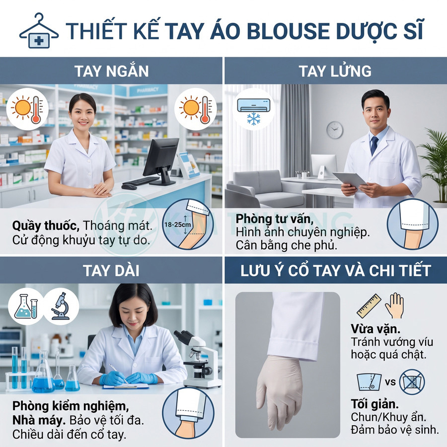 Thiết kế tay áo blouse dược sĩ tay ngắn tay lửng tay dài cho quầy thuốc phòng tư vấn phòng kiểm nghiệm