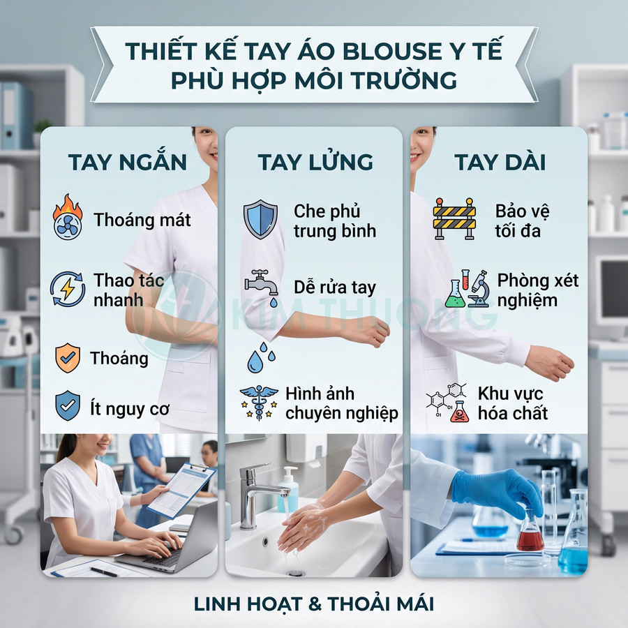 So sánh thiết kế tay áo blouse y tế tay ngắn tay lửng tay dài cho từng môi trường làm việc