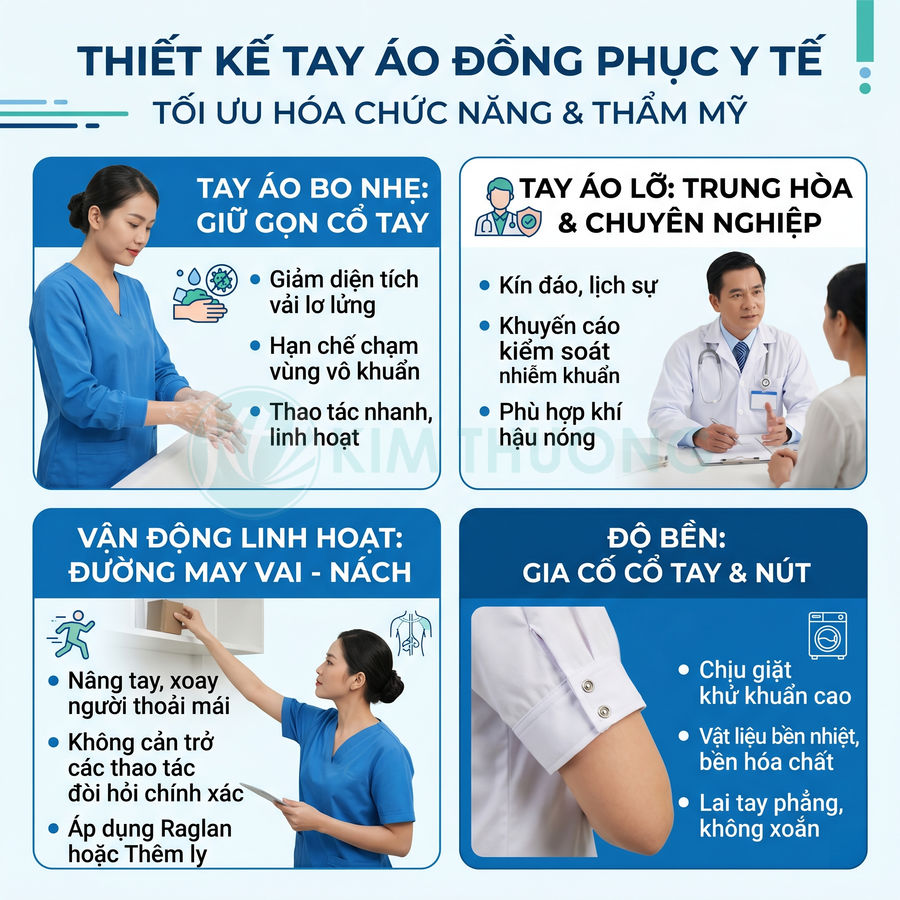 Thiết kế tay áo đồng phục y tế màu xanh và trắng, bo nhẹ và tay áo lỡ, tối ưu vận động và độ bền
