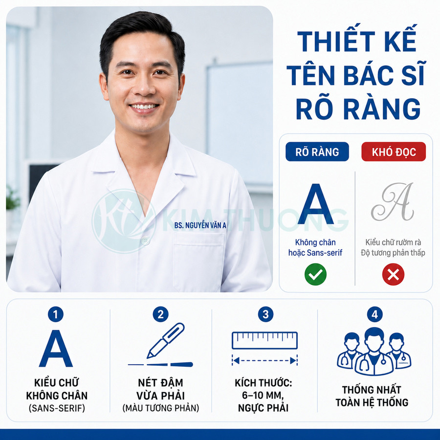 Bảng hướng dẫn thiết kế bảng tên bác sĩ Kim Thương với bác sĩ mặc áo blouse trắng mỉm cười