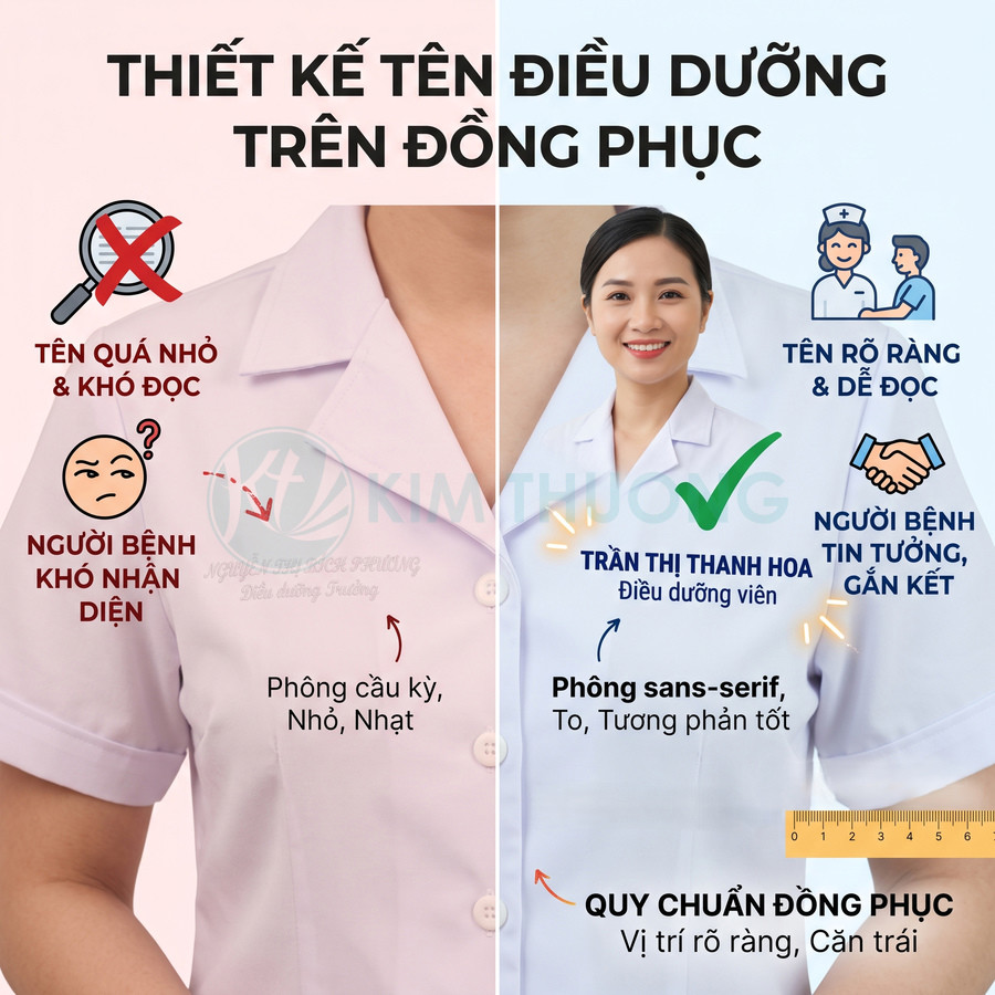 Đồng phục điều dưỡng so sánh cách thiết kế tên thêu nhỏ khó đọc và tên lớn rõ ràng dễ nhận diện