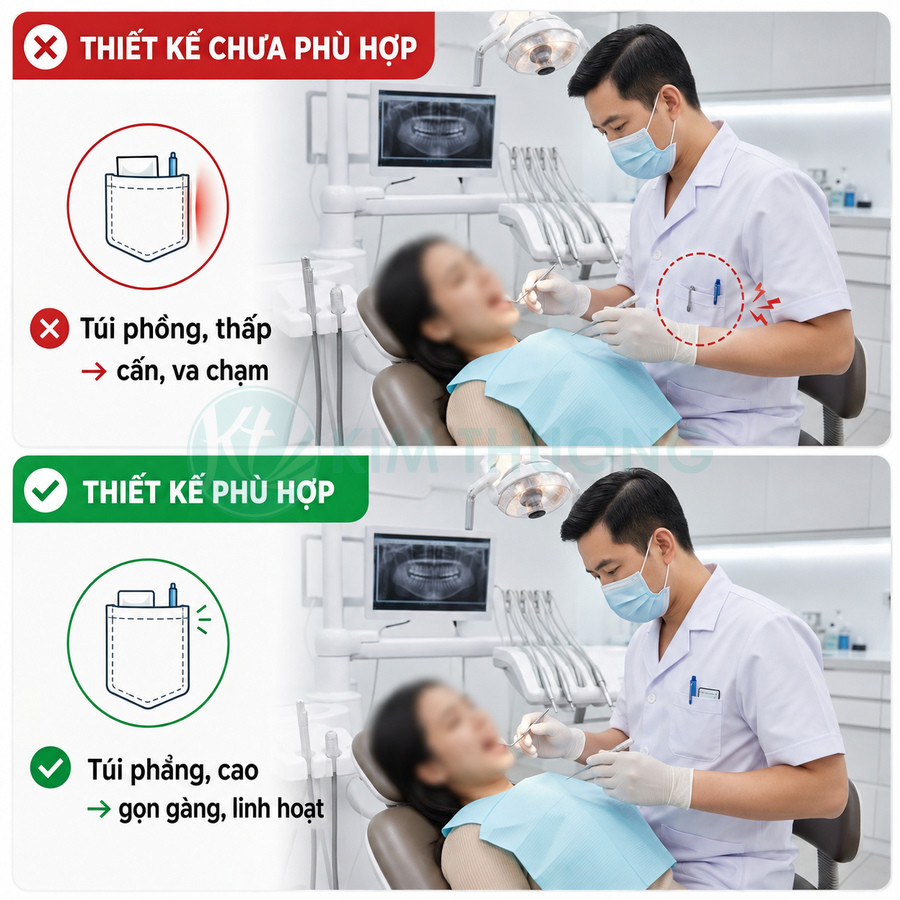 Áo blouse nha sĩ với thiết kế túi ngực phẳng, cao giúp thao tác khám răng cho bệnh nhân thuận tiện hơn