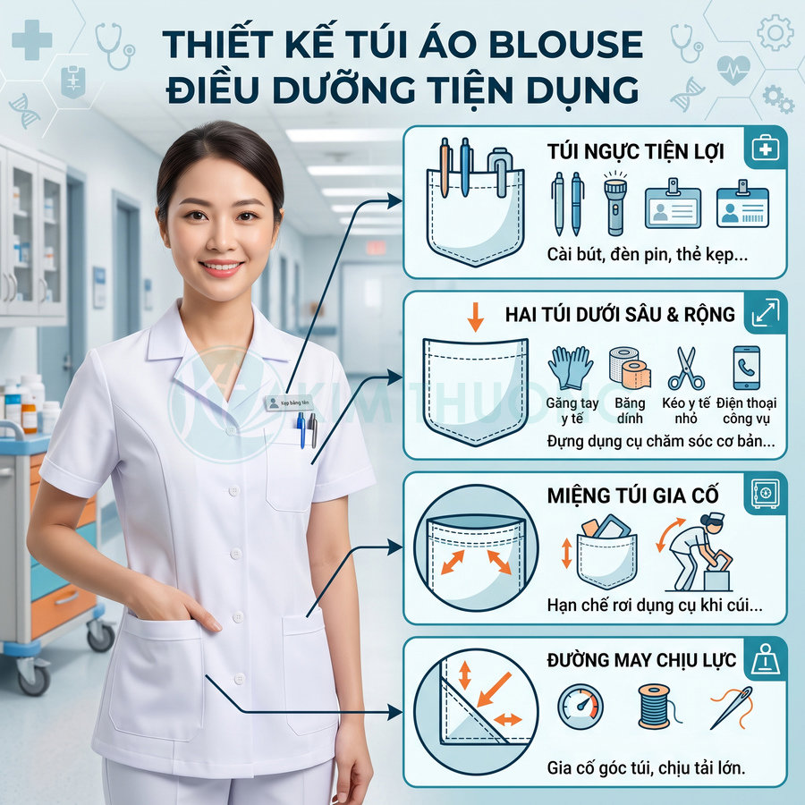 Áo blouse điều dưỡng trắng nữ với nhiều túi tiện dụng ở ngực và hai bên hông trong bệnh viện