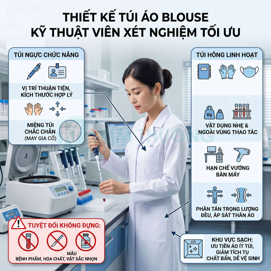 Áo blouse kỹ thuật viên xét nghiệm với thiết kế túi ngực và túi hông tối ưu, tiện dụng trong phòng thí nghiệm