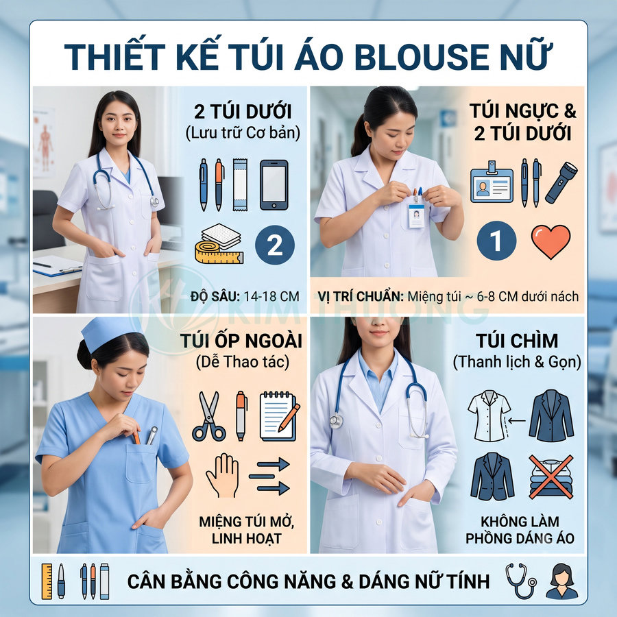 Thiết kế túi áo blouse nữ y tá bác sĩ với nhiều kiểu túi tiện dụng, cân bằng công năng và dáng nữ tính