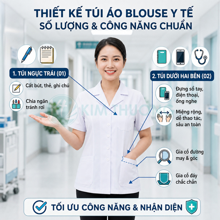 Áo blouse y tế nữ màu trắng với thiết kế nhiều túi tiện dụng cho bác sĩ và điều dưỡng