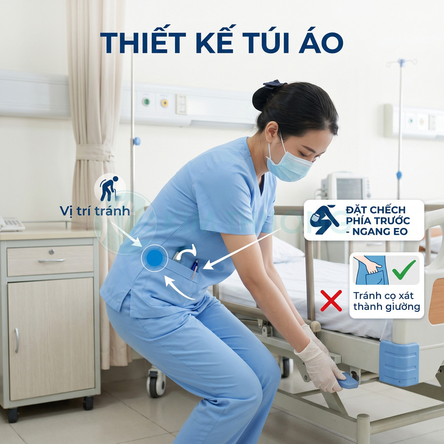 Đồng phục y tá màu xanh thiết kế túi áo ngang eo giúp tránh cọ xát khi chăm sóc bệnh nhân