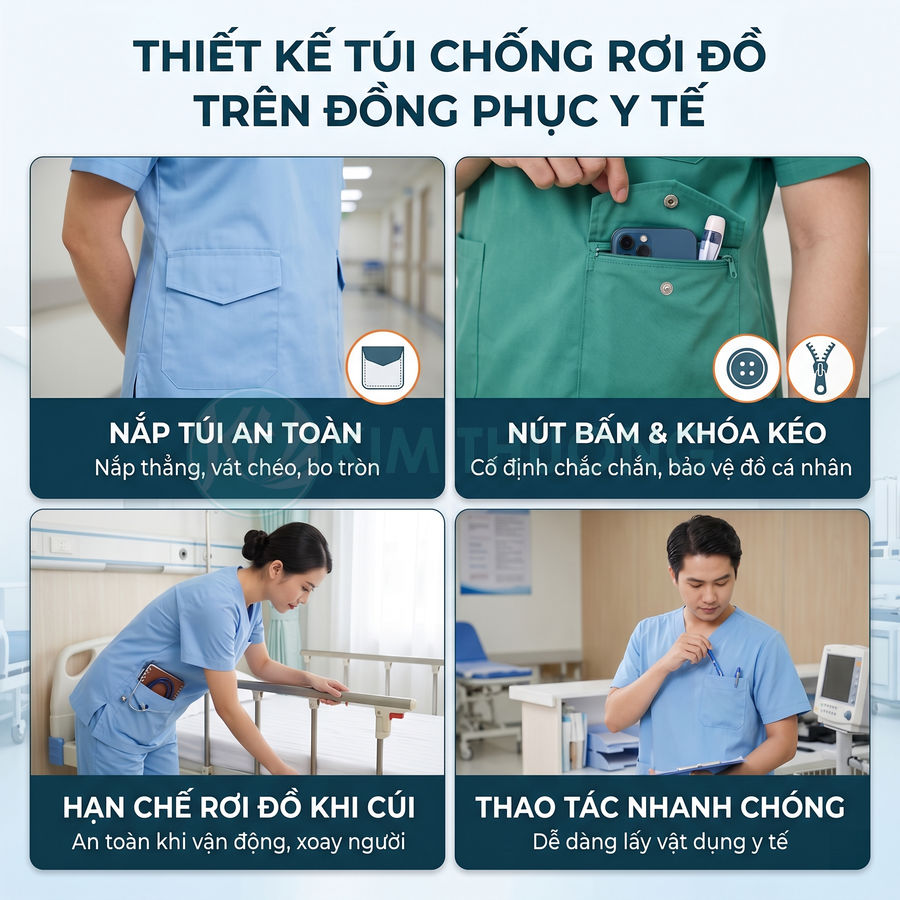 Đồng phục y tế có thiết kế túi chống rơi đồ với nắp, nút bấm và khóa kéo an toàn cho bác sĩ, y tá