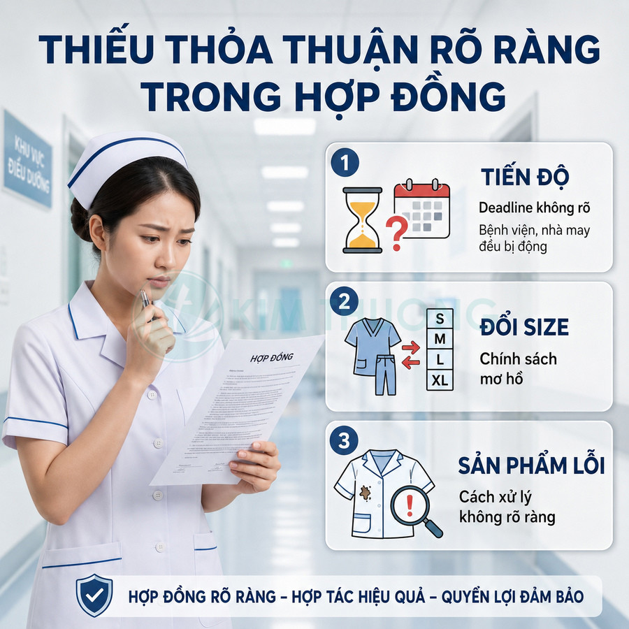 Nữ y tá cầm hợp đồng may đồng phục bệnh viện, minh họa các rủi ro khi thiếu thỏa thuận rõ ràng trong hợp đồng