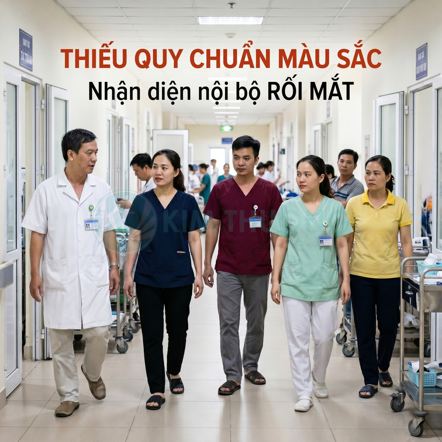 Nhóm bác sĩ và điều dưỡng mặc đồng phục nhiều màu sắc đi trong hành lang bệnh viện