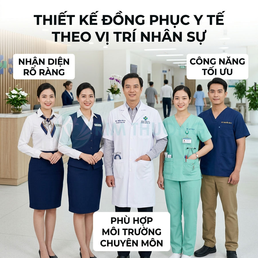 Nhóm nhân viên bệnh viện mặc đồng phục y tế chuyên nghiệp đa dạng theo từng vị trí trong sảnh khám chữa bệnh