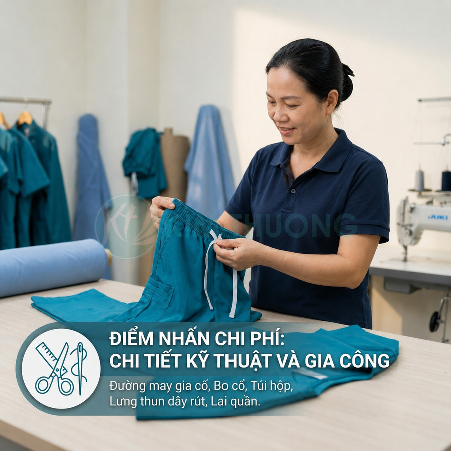 Thợ may kiểm tra quần áo đồng phục y tế màu xanh với dây rút và đường may gia công tỉ mỉ