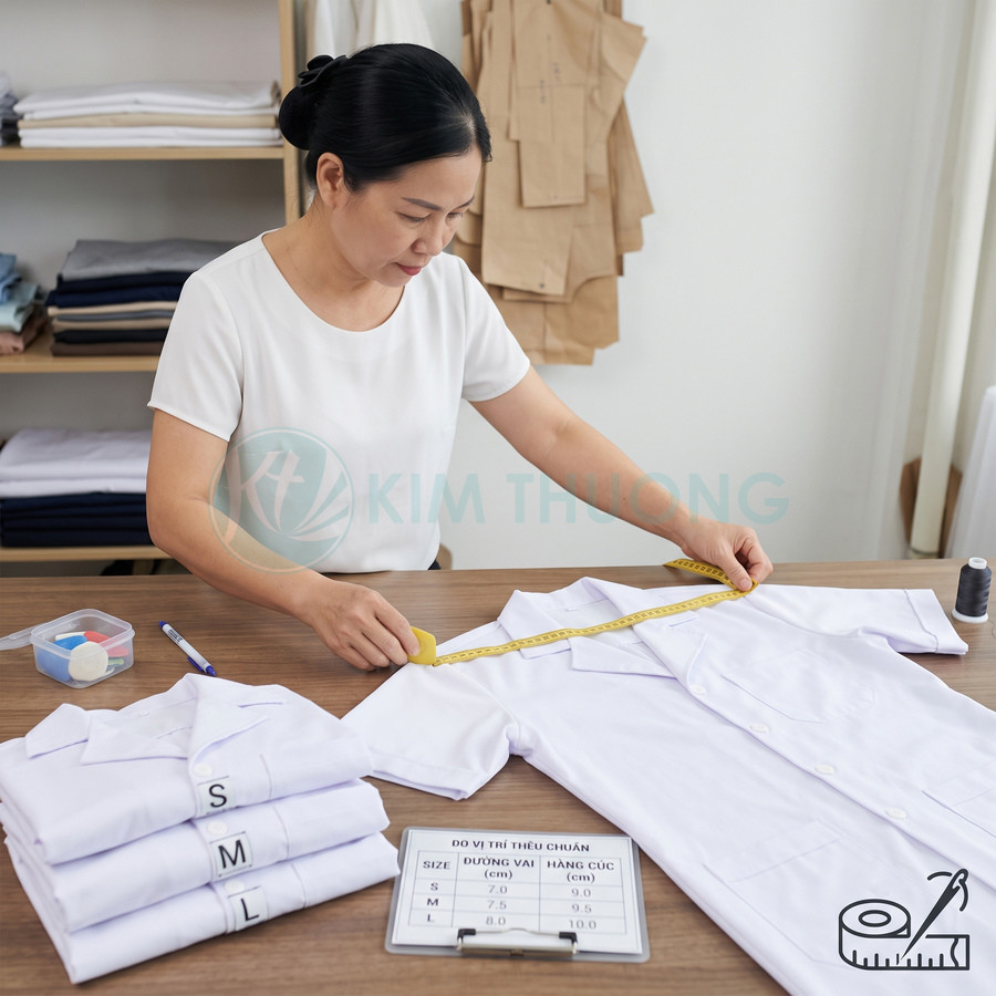 Thợ may đo áo sơ mi trắng đồng phục y tế với thước dây trên bàn làm việc