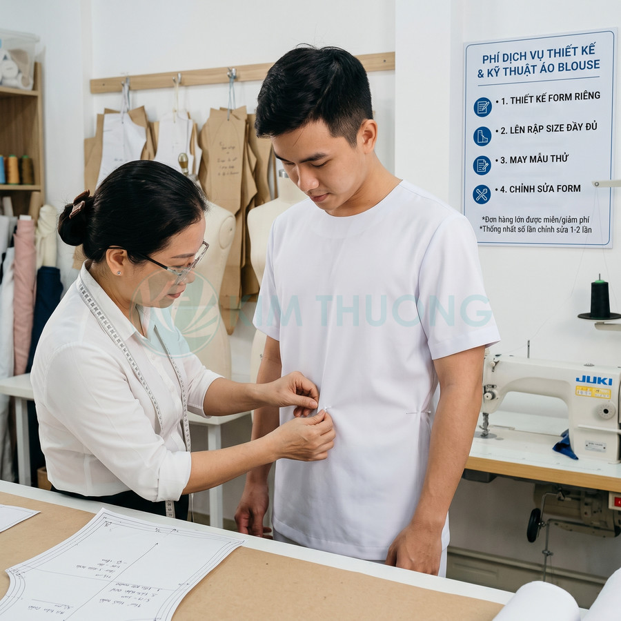 Thợ may đo và chỉnh sửa áo blouse trắng cho khách nam trong xưởng may chuyên nghiệp