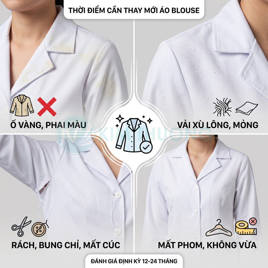 Các dấu hiệu cần thay mới áo blouse trắng: ố vàng, xù lông, rách bung chỉ, mất phom không vừa
