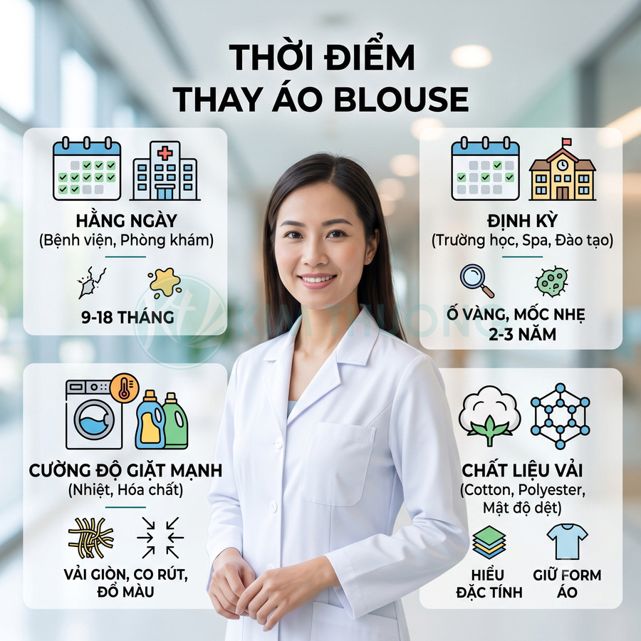 Nữ bác sĩ mặc áo blouse trắng đứng trong hành lang bệnh viện, xung quanh là hướng dẫn thời điểm thay áo blouse
