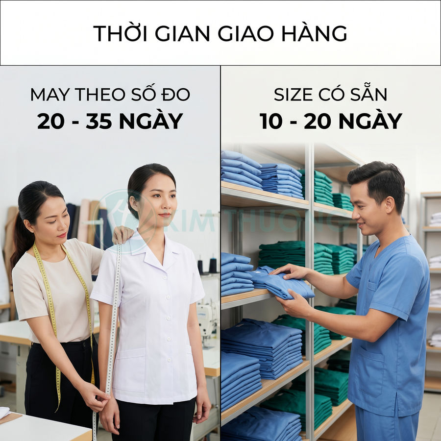 Thời gian giao hàng đồng phục y tế may đo và size có sẵn với nhân viên đang đo và chọn đồ