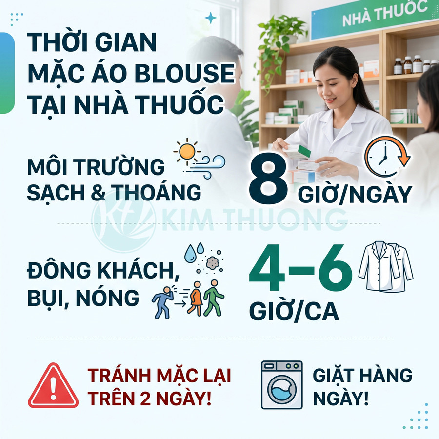 Dược sĩ mặc áo blouse trắng tư vấn thuốc cho khách tại nhà thuốc, hướng dẫn thời gian sử dụng và giặt áo hằng ngày