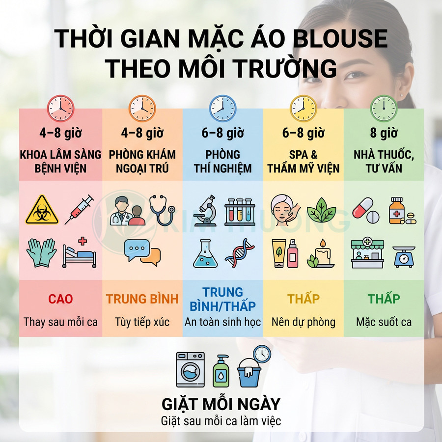 Bảng hướng dẫn thời gian mặc và giặt áo blouse theo từng môi trường làm việc y tế và spa