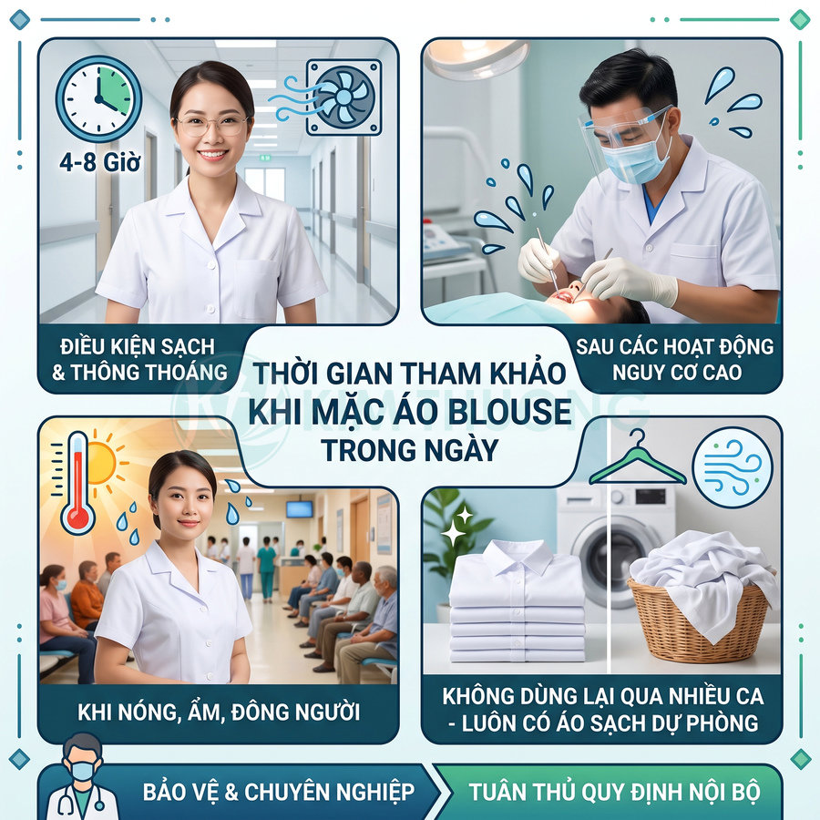 Hướng dẫn thời gian sử dụng áo blouse trong ngày cho nhân viên y tế và lưu ý luôn chuẩn bị áo sạch dự phòng