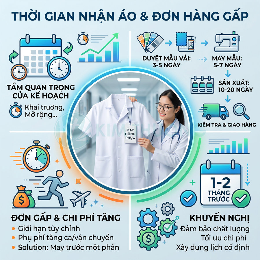 Bác sĩ cầm áo blouse trắng may đồng phục trong bệnh viện kèm infographic quy trình thời gian nhận áo