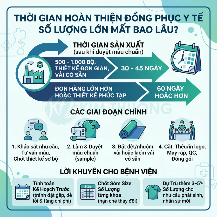 Infographic quy trình và thời gian sản xuất số lượng lớn đồng phục y tế cho bệnh viện