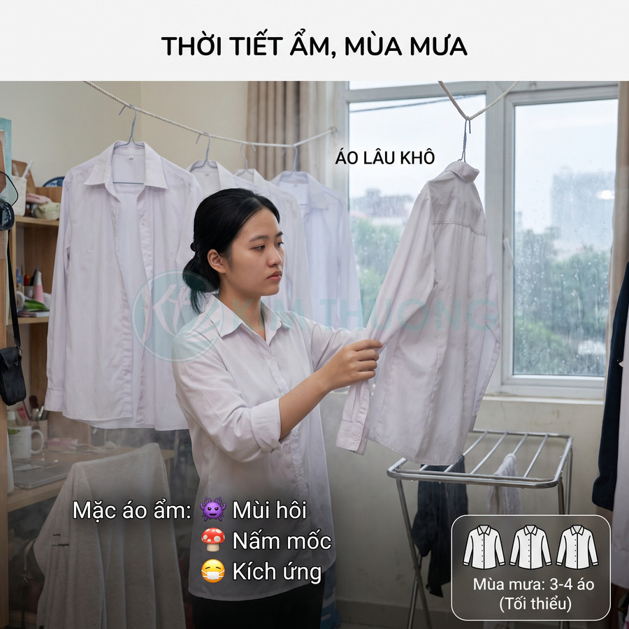 Cô gái phơi áo sơ mi trắng trong phòng kín mùa mưa, nhiều áo sơ mi treo trên dây và giá phơi trong nhà