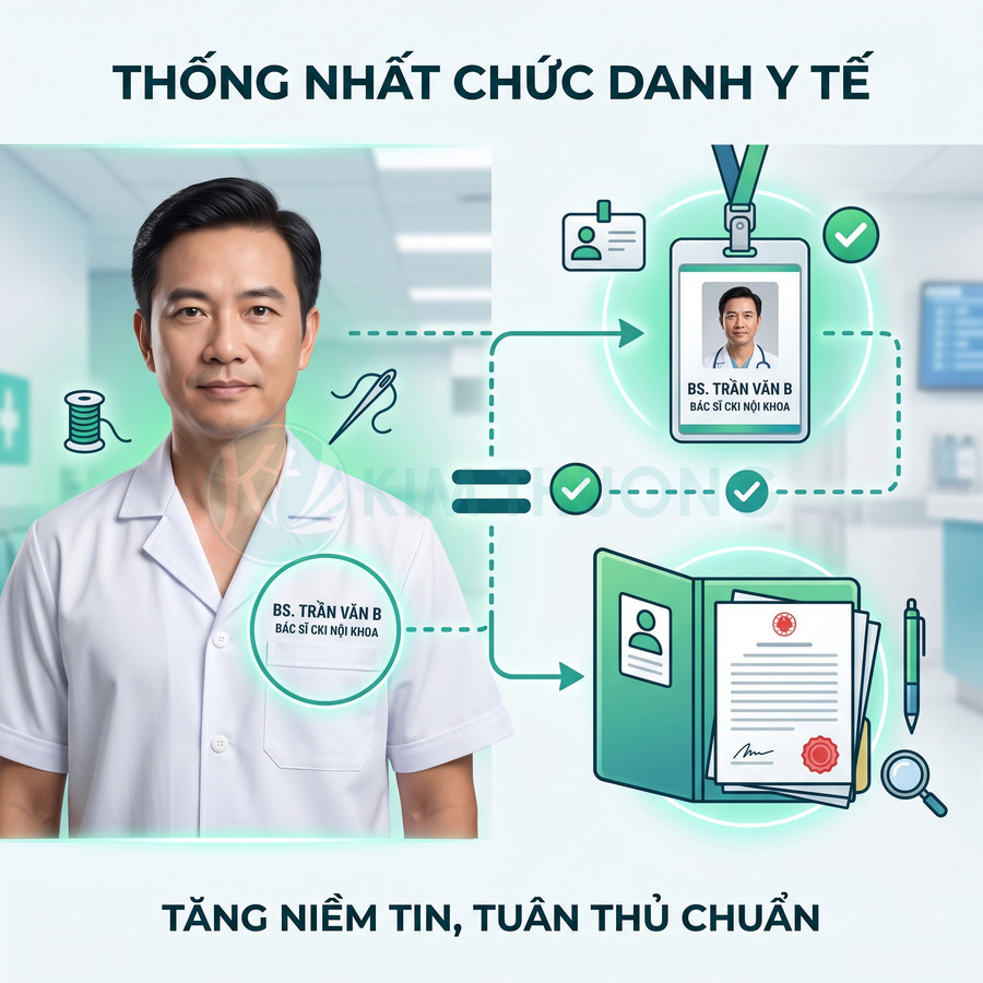 Bác sĩ nam mặc áo blouse với thẻ tên và thẻ nhân viên bệnh viện, minh họa thống nhất chức danh y tế