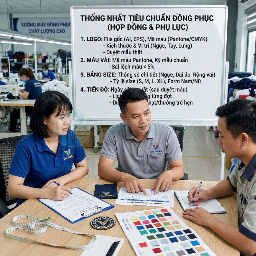 Nhân viên xưởng may đồng phục Vinabrandix họp bàn chọn màu vải và tiêu chuẩn logo trên bảng kế hoạch