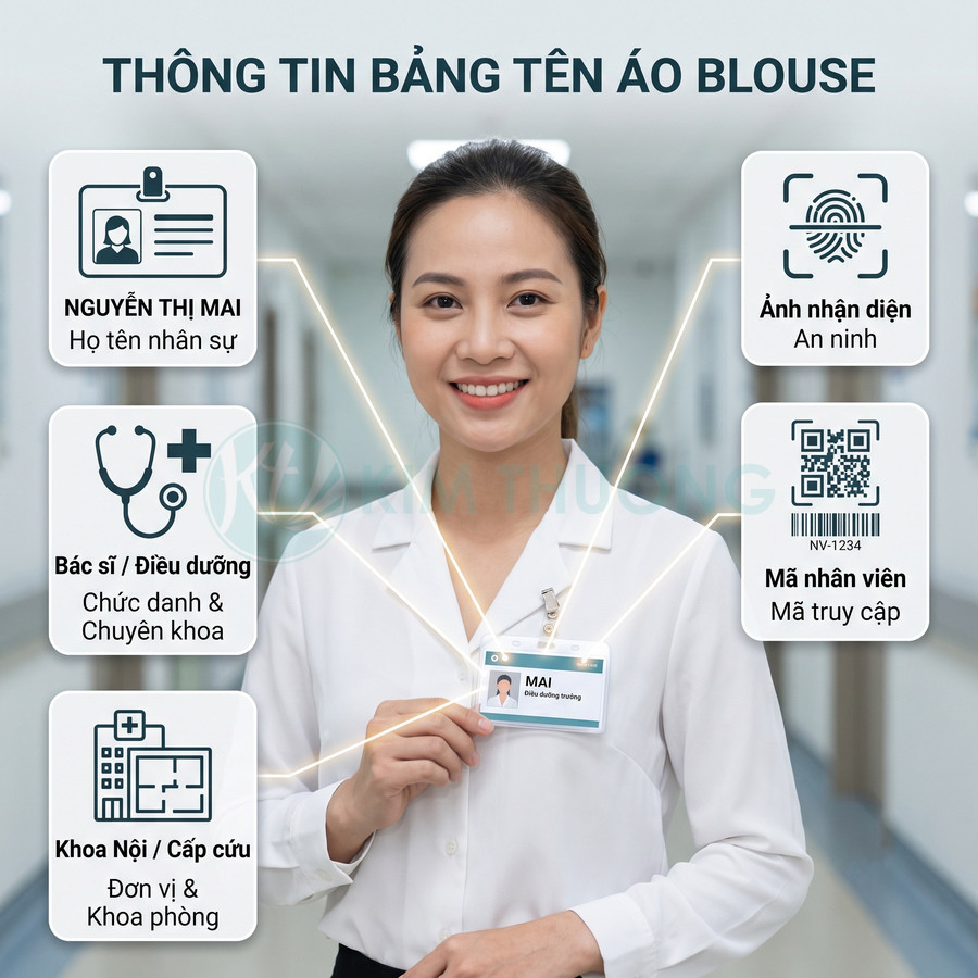 Bảng tên áo blouse y tế với thông tin họ tên, chức danh, khoa phòng, ảnh nhận diện và mã nhân viên